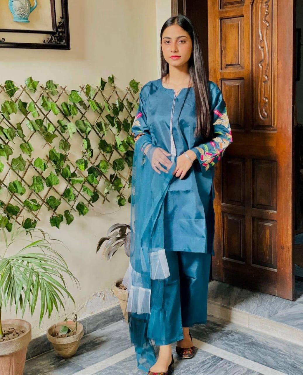 Stunning Women's Stitched Suit Set -3 Pcs with Embroidered Katan Silk