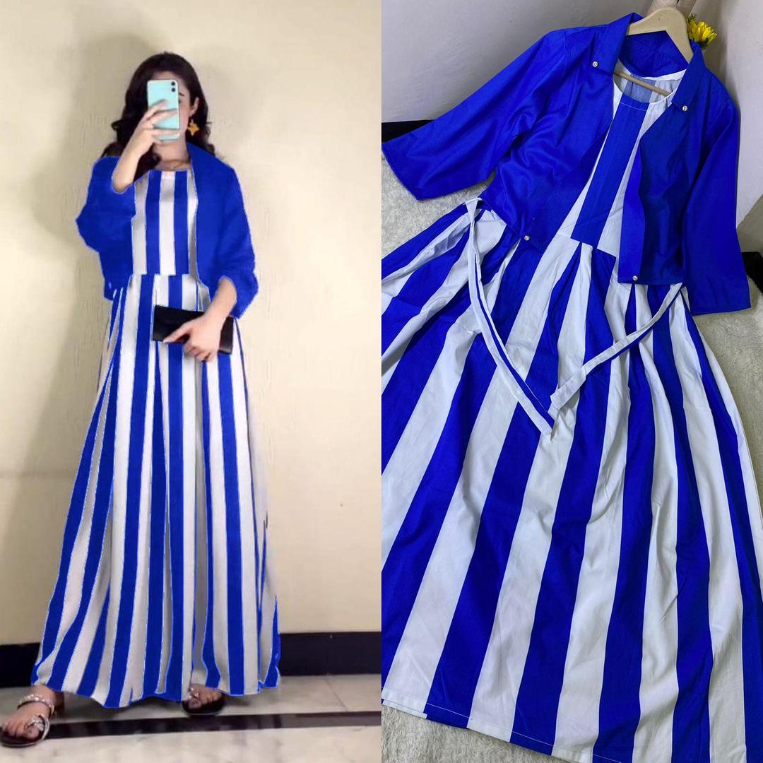 Stylish Blue & White Striped Maxi with Jacket - 2 Pcs Women's Stitched Set