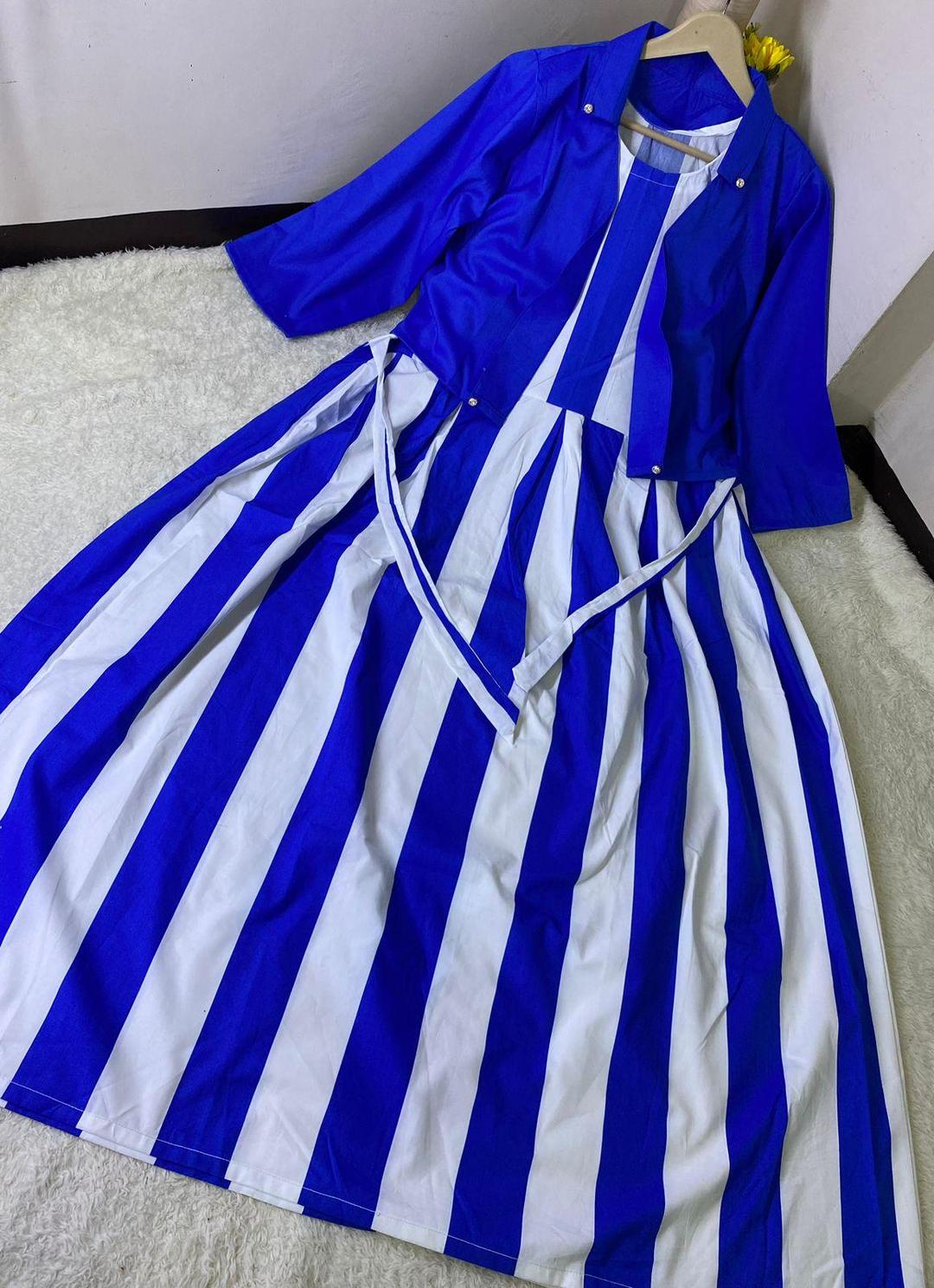 Stylish Blue & White Striped Maxi with Jacket - 2 Pcs Women's Stitched Set