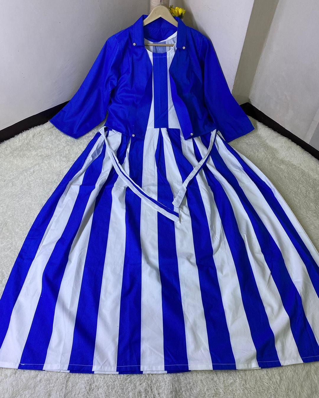 Stylish Blue & White Striped Maxi with Jacket - 2 Pcs Women's Stitched Set